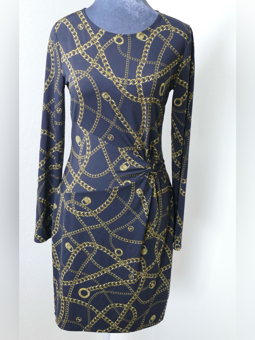 Michael Kors Chain Print Long Sleeve Sheath Dress Women Small Black Gold Ruched